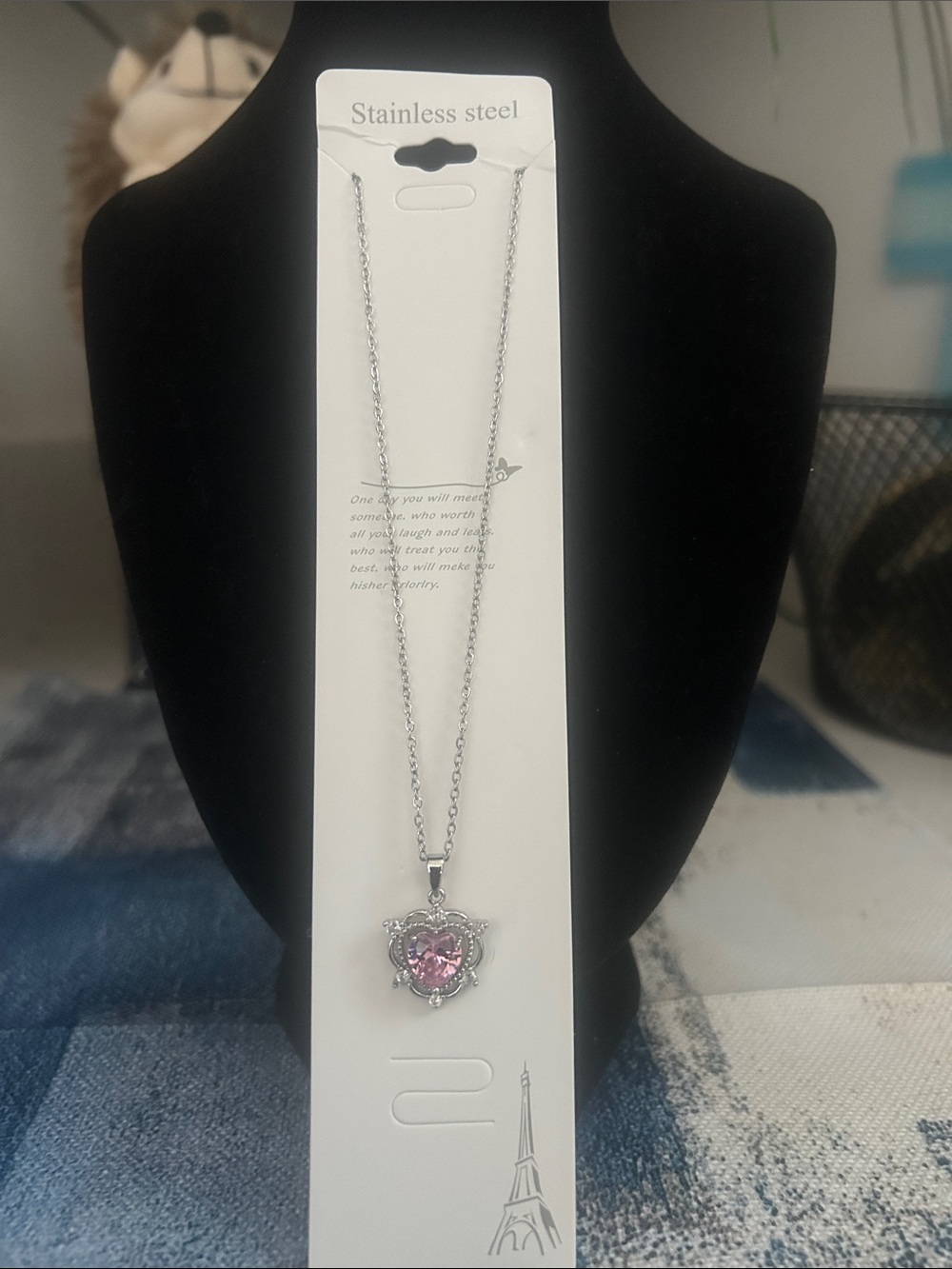 Stainless Steel Pink Crystal Heart Pendant Necklace